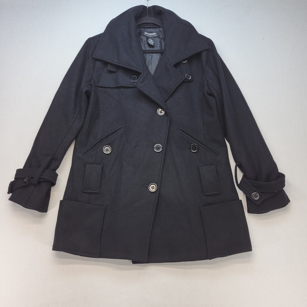 Coffeeshop Peacoat Women L Black Wool Blend Asymmetrical Breasted Button Jacket
